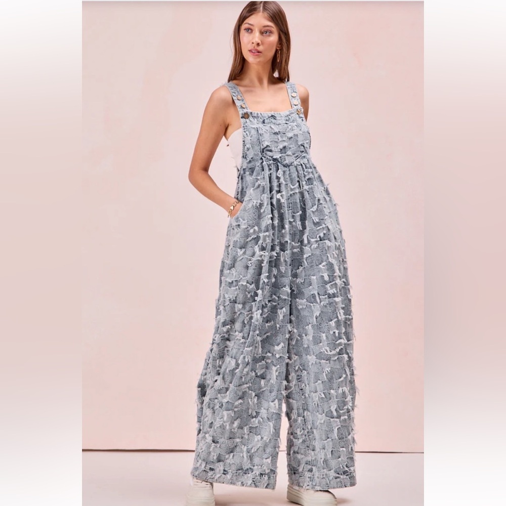 BiBi Light Gray Textured Wide-Leg Jumpsuit